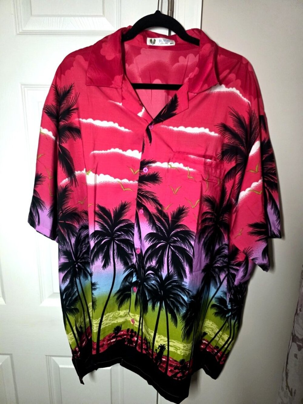 Men's Tropical Palm Short Sleeve Shirt, Pink, Camp Collar — 4XL